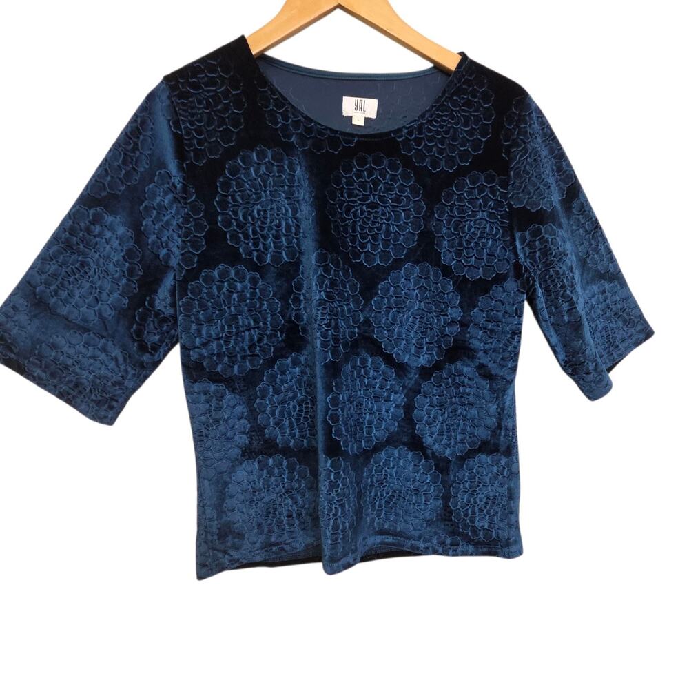 Yal Blue Jewel Velvet Top Blouse Pull Over 3/4 Sleeve‎ SZ L Whimsigoth Y2K Boho